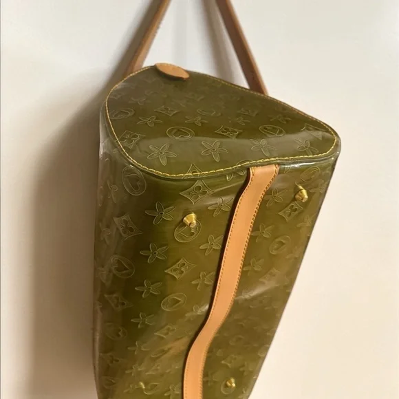 Vintage Olive Green Patent Monogram Satchel Speedy Style Y2K Glossy Handbag - Picture 8 of 16